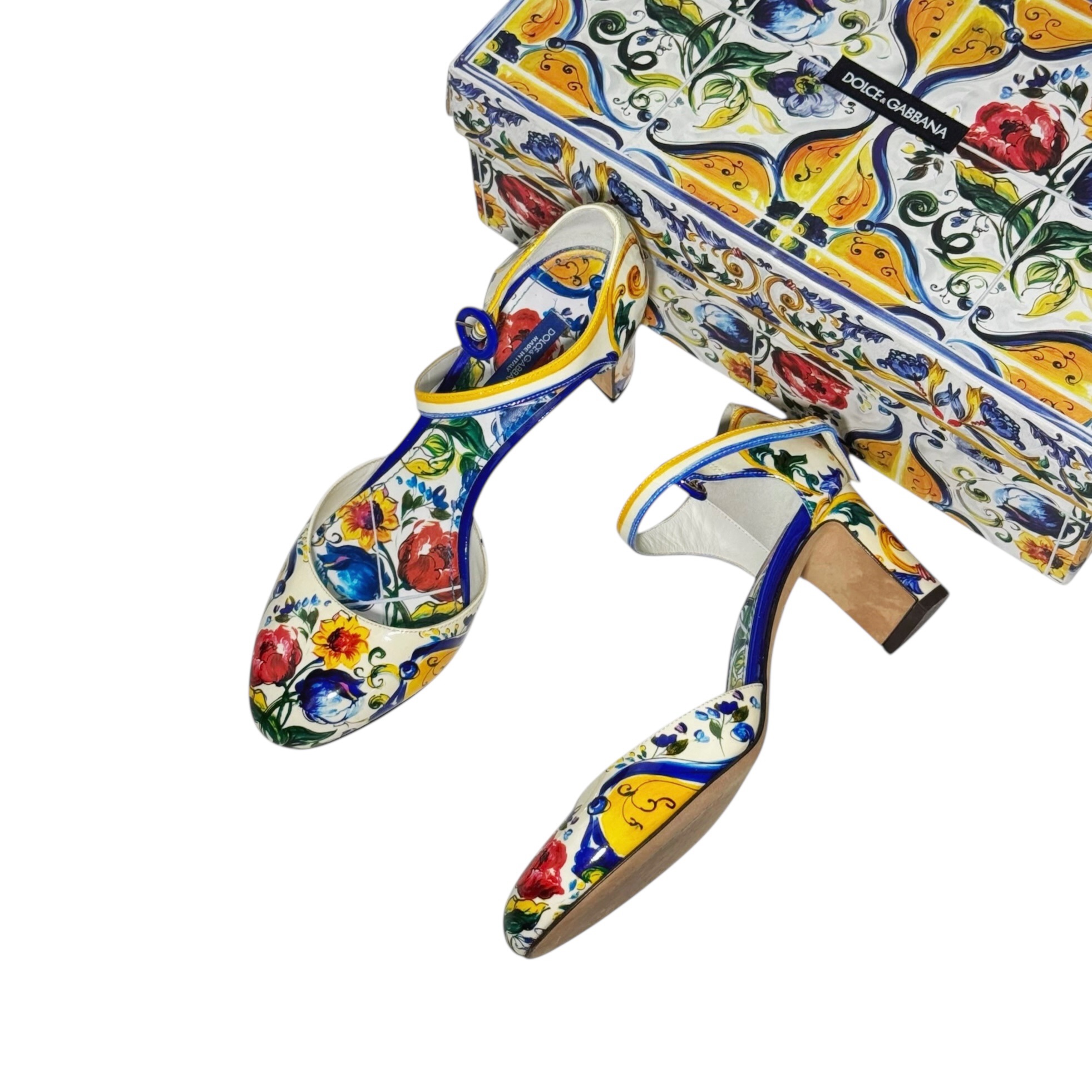 Dolce & Gabbana Patent Leather Floral Printed Ankle Strap Pumps