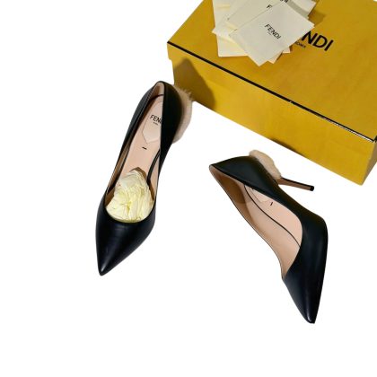 Fendi Calfskin Pink Fur Trim Pointed Heels 37