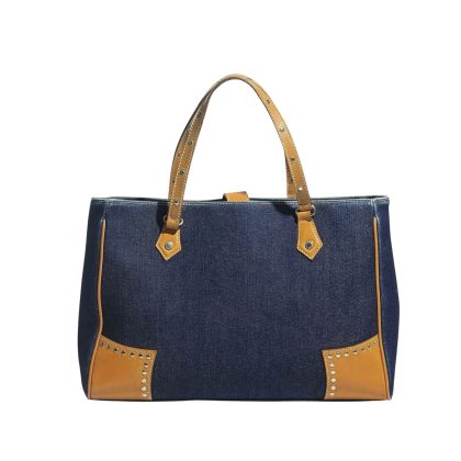 Burberry Studded Leather Strap Denim Tote Bag