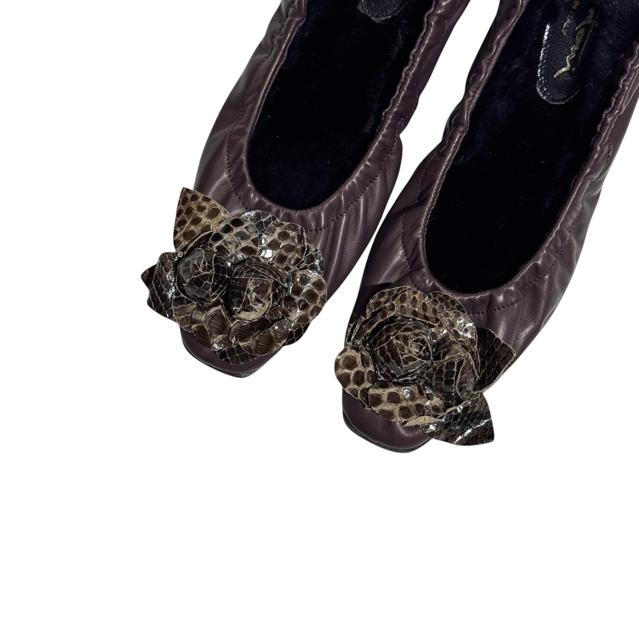 Santoni Python Flower Bow Scrunch Leather Ballet Flats 37 - Image 3