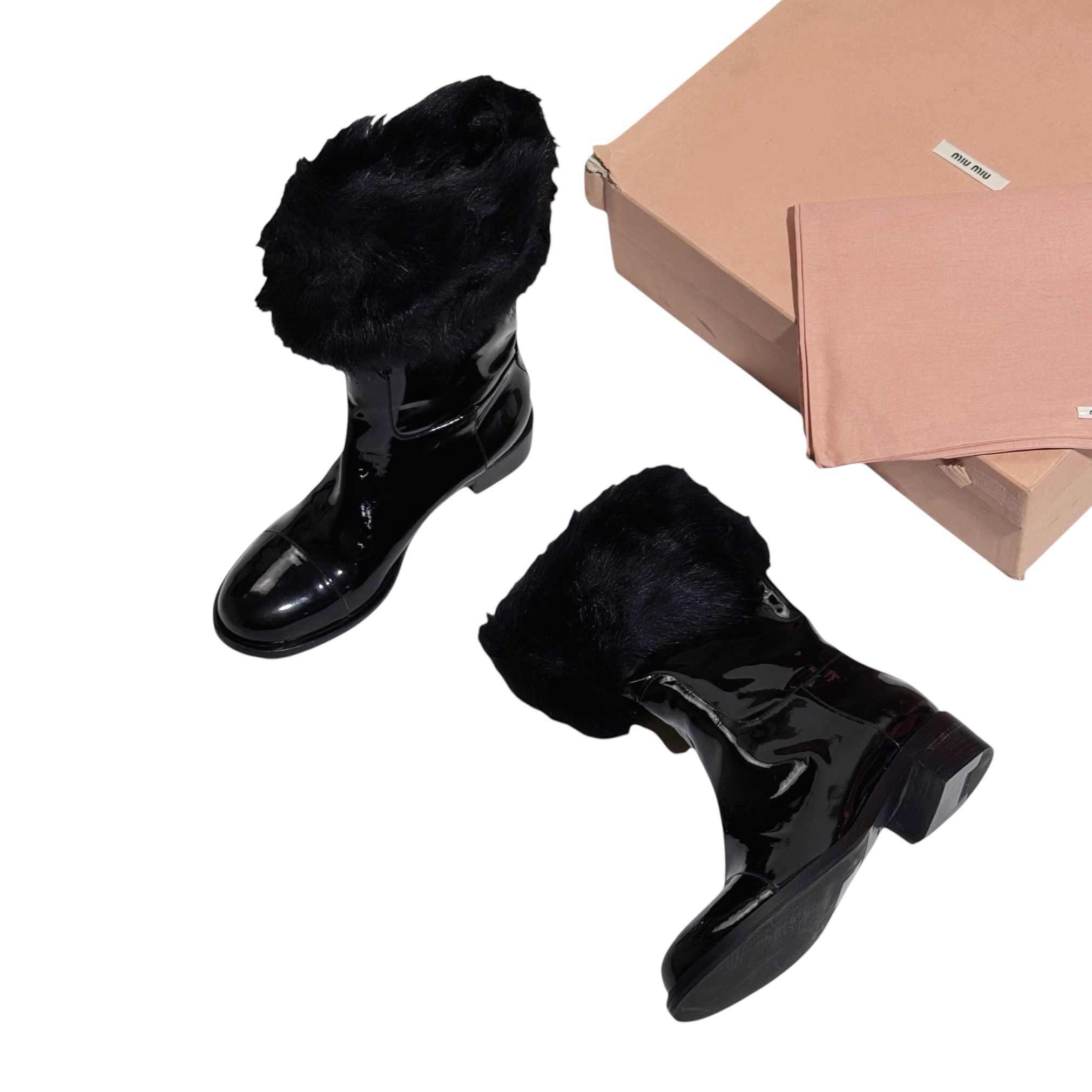 MiuMiu Patent Leather Faux Fur Trim Ankle Boots 36.5