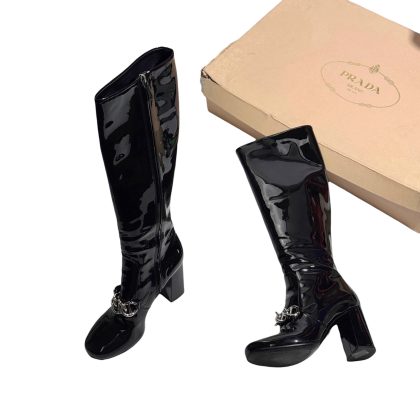 Prada Patent Leather Chain Embellished Boots 37.5