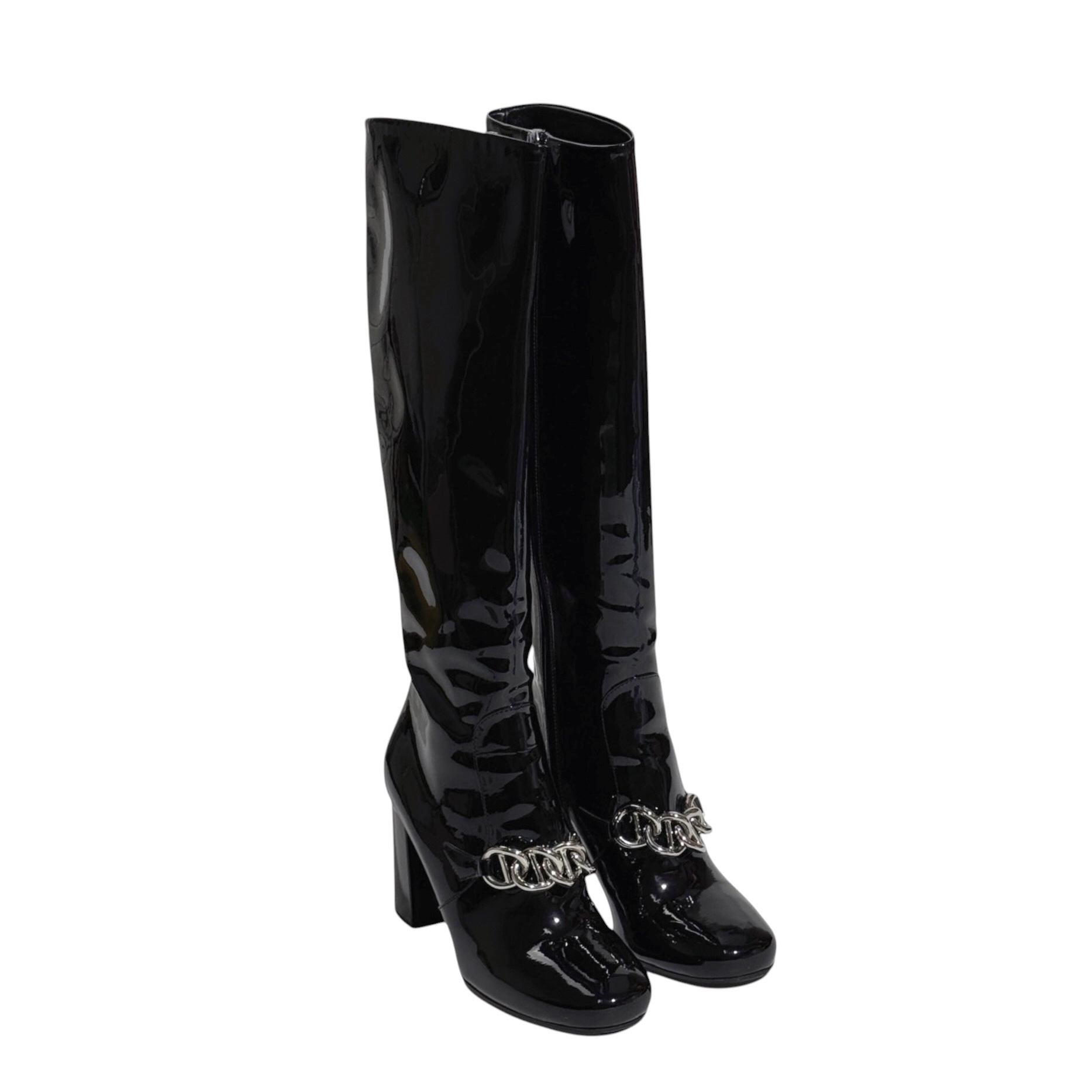 Prada Patent Leather Chain Embellished Boots 37.5 - Image 2