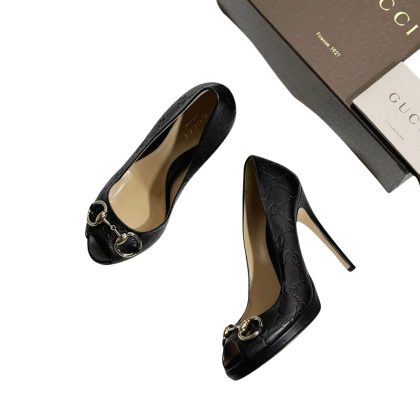 Gucci Guccissima Leather Horsebit Peep Toe Platform Pumps 37